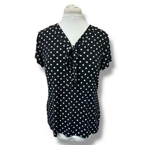 Diana Belle Women’s Short Sleeve Polka Dot Tie Neck Knit Top, Black, size L